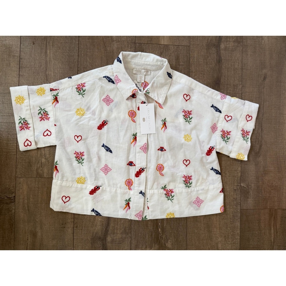NWT Caroline Constas Embroidered BoxyCropped Linen Shirt Boho Cottage Y2K Summer